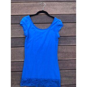 Ambiance Womens Sapphire Blue Short Sleeve Lace hem Stretchy Tunic- Sz Large